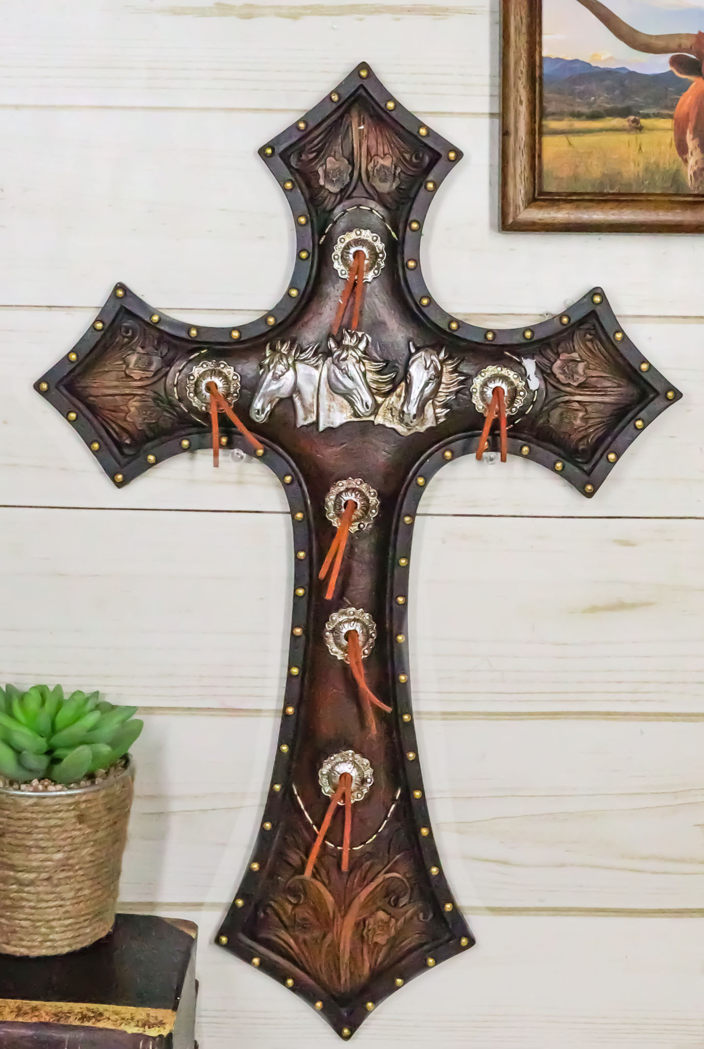 Western Rugged Cross Rustic Western Triple Silver Mustang Horses Faux Tooled Leather Wall ...