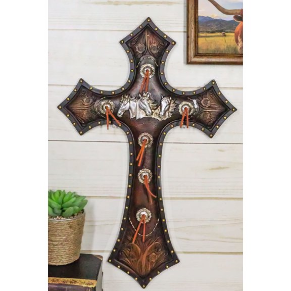 Rustic Western Triple Silver Mustang Horses Faux Tooled Leather Wall Cross 19"H