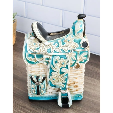 Rustic Western Turquoise Cowboy Horse Saddle With Floral Design Coin Piggy Bank