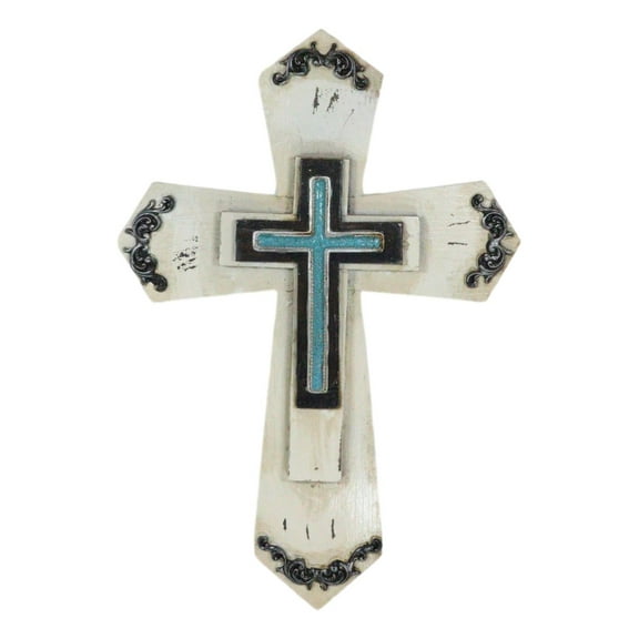 Rustic Western Turquoise Floral Scrollwork Faux Wood Layered Wall Cross Crucifix