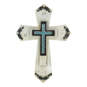 Rustic Western Turquoise Floral Scrollwork Faux Wood Layered Wall Cross Crucifix