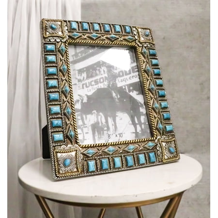 Rustic Western Turquoise Gems Geometric Patterns Ropes Picture Frame 8"X10"