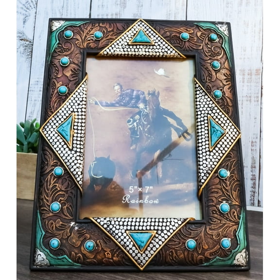 Rustic Western Turquoise Gems Silver Nails Faux Leather 5X7 Picture Photo Frame