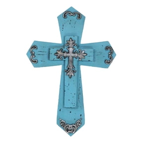 Rustic Western Turquoise Silver Scrollwork Faux Wood Layered Wall Cross Crucifix