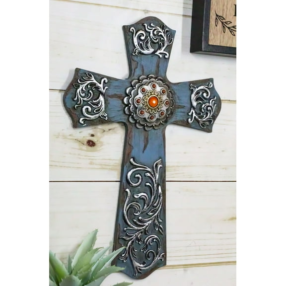 Rustic Western Turquoise Suns Longhorn Bull Cow Skull Wall Cross Decor Plaque