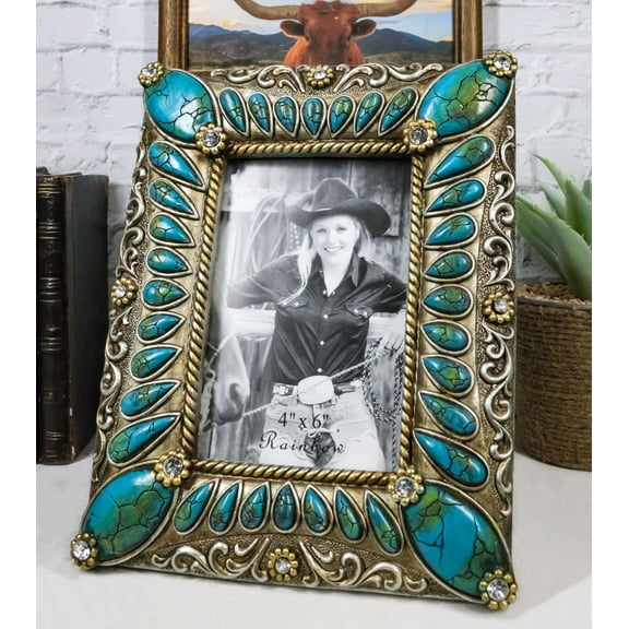 Rustic Western Turquoise Teardrop Gems Scrollwork Patterns 6X4 Picture Frame