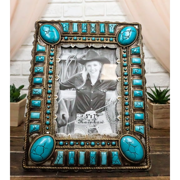 Rustic Western Turquoise Teardrop Geometric Gems Ropes 5X7 Picture Photo Frame