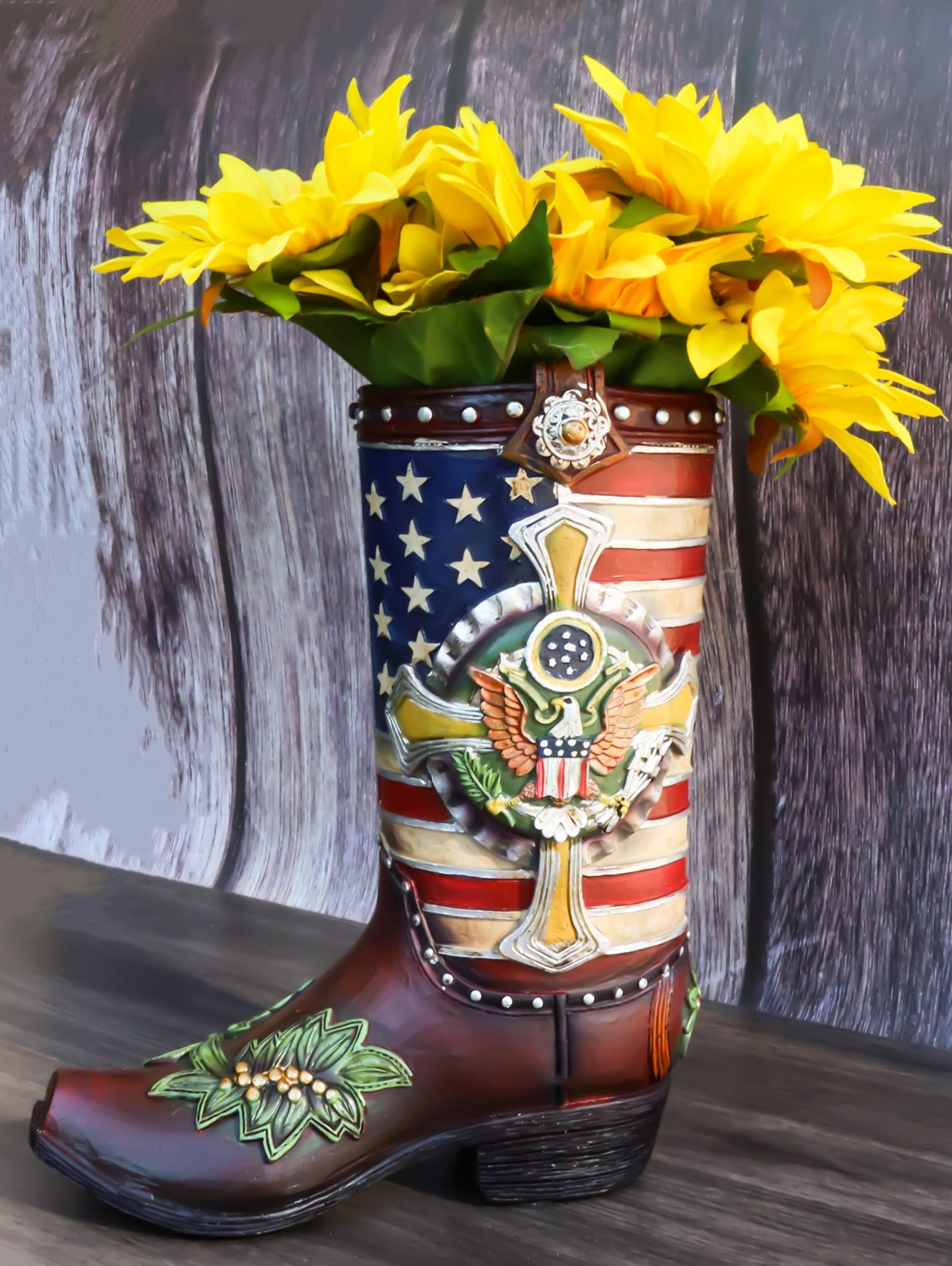 Rustic Western USA Flag Military Cross Olive Branch Cowboy Boot Vase