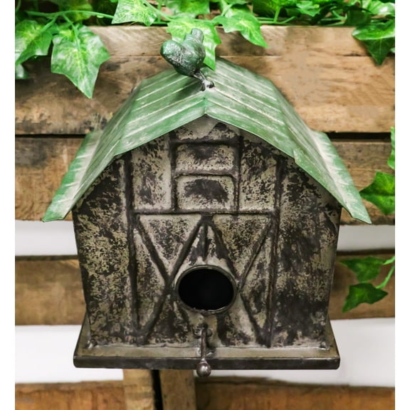 Rustic Western Vintage Bird Atop A Cozy Farm Barn House Shed Metal Birdhouse