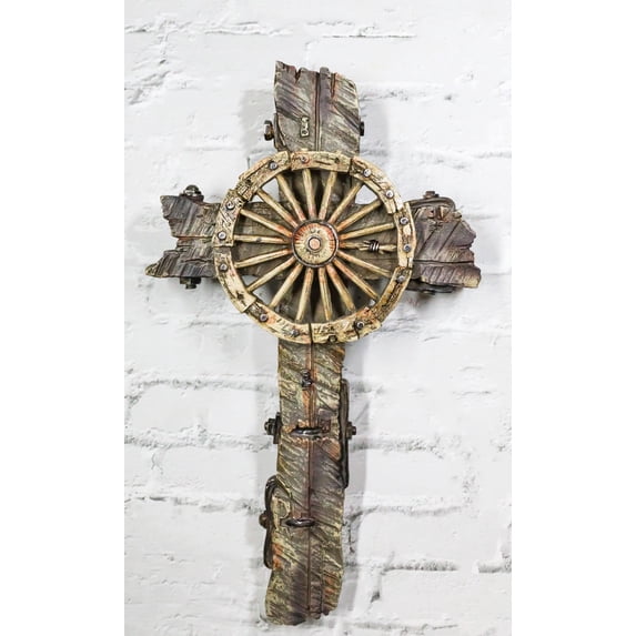 Rustic Western Vintage Country Cowboy Wagon Wheel Faux Wooden Wall Cross Plaque