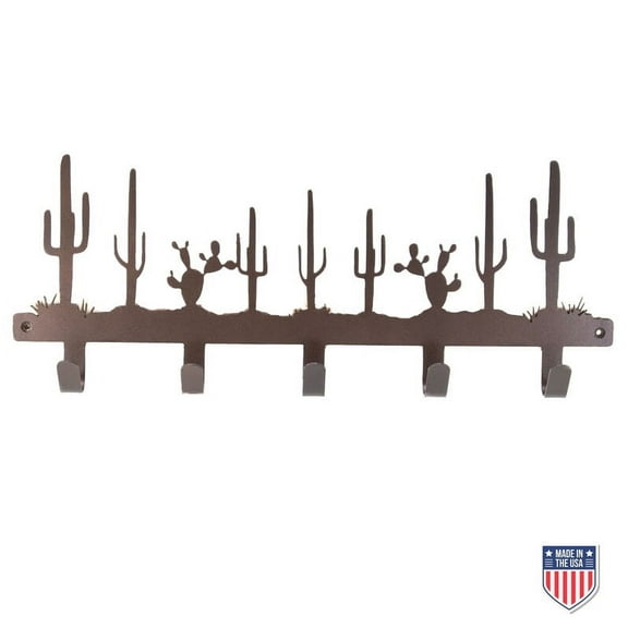 Rustic Western Wall Hook Rack - 5 Hooks, Black Metal w/ Desert Cactus Design for Entryway