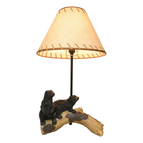 Rustic Western Whimsical Forest Black Bears Resting On Tree Log Table Lamp