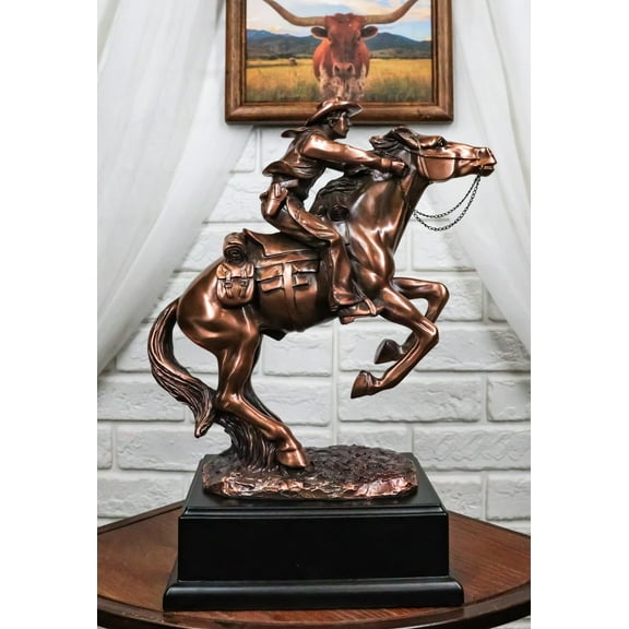 Rustic Western Wild Cowboy Bracing On A Galloping Horse Bronzed Resin Statue