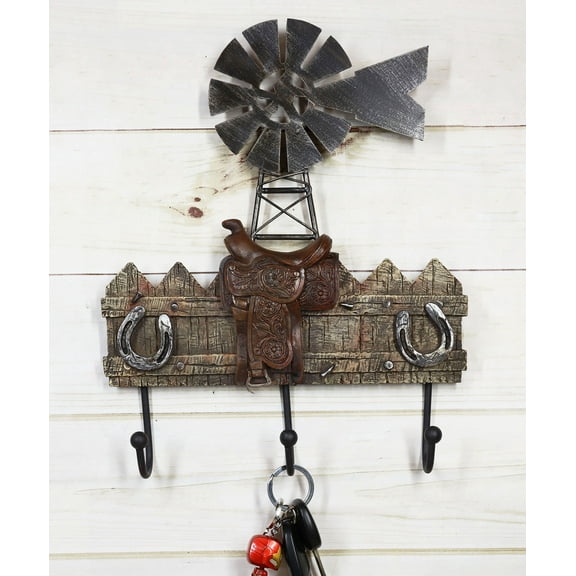Rustic Western Windmill With Cowboy Barn Horseshoes And Saddle 3 Peg Wall Hooks