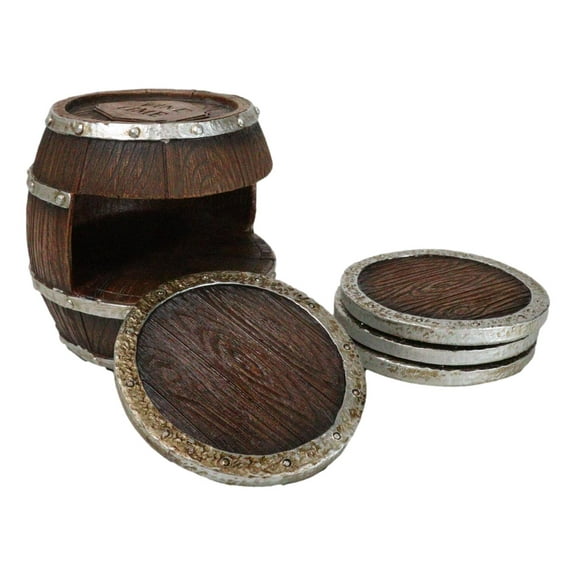 Rustic Western Wine Time Old Fashioned Country Beer Barrel Faux Wood Coaster Set