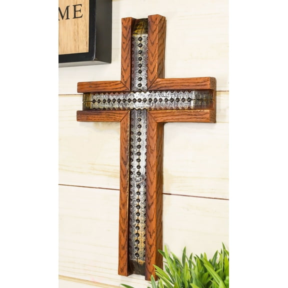 Rustic Western Wood Grain Pattern With Grey Silver Motif Faux Wooden Wall Cross