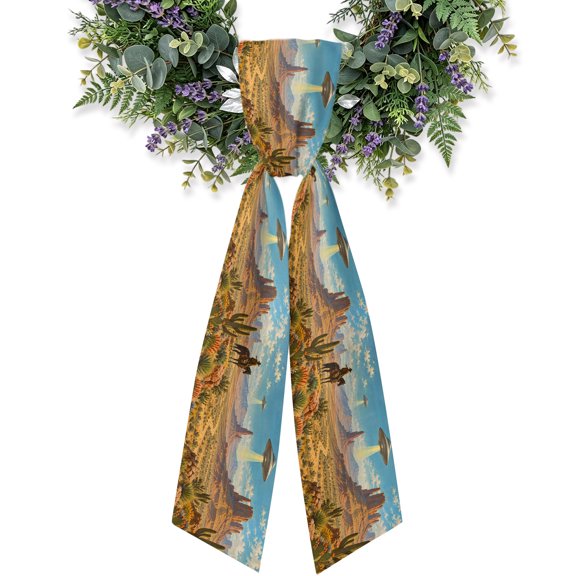 Rustic Western Wreath Sash for Front Door, Retro Cowboy Desert Cactus Surreal UFOs Satin Wreath Ribbon Bow Accessory Garland Home Decor for Doorway Porch Yard 4.5x56