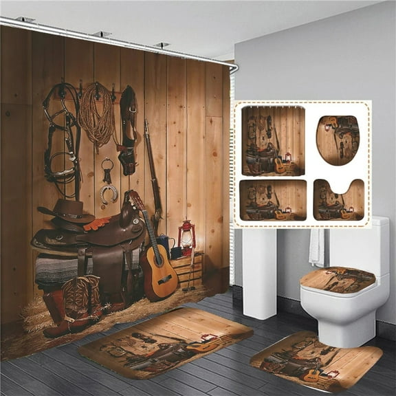 Rustic Western Shower Curtain American Country Music Bathroom Curtain Set Bath Mat Rug Carpet Bathtub Accessories Decor 4pcs