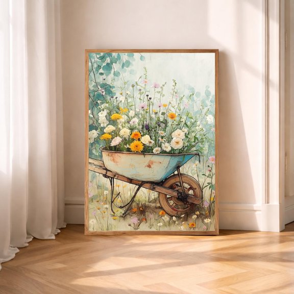 Rustic Wheelbarrow Garden Decor, Cottage Farmhouse Floral Wall Art, Unframed Paper Poster 24x36in