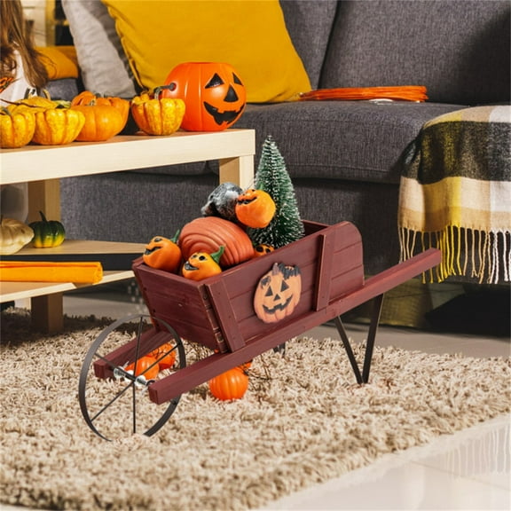 Rustic Wheelbarrow Wagon Plant, Small Wood Flower Pot with Metal Wheel & 9 Replaceable Magnet Accessories, 2 Energy-Saving Handles, Triangular Metal Support, Wood Flower Cart Planter for Garden, Red