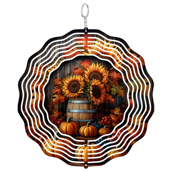 Rustic Whiskey Barrel Sunflower 3D Wind Spinner Stainless Steel Hanging Garden Decor