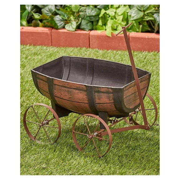 Rustic Whiskey Barrel Wagon Planter with Handle and Drainage Hole