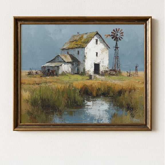 Rustic White Barn with Windmill Vintage Farmhouse Landscape, Print Poster Country Wall Art, Traditional Scene, Grass Fields Decor Print Poster 209, Size 8x12 UNFFRAMED F03.1.6l3142