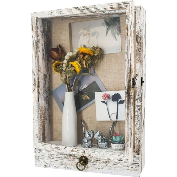 Rustic White Carbonized Black Wooden Shadow Box Frame with Drawer and Soft Line Back