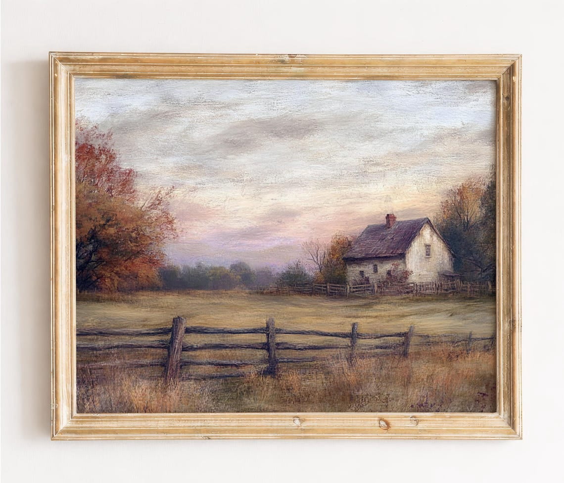 Rustic White Cottage Landscape Autumn Farmhouse Wall Art Decor Room ...