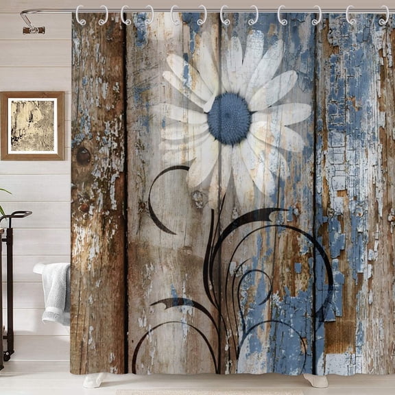 Rustic White Daisy Shower Curtain for Bathroom Farmhouse Floral Old Retro Grey Barn Door Shower Curtains Western Country Bathroom Curtains Waterproof Fabric Machine Washable Bathtub Curtains