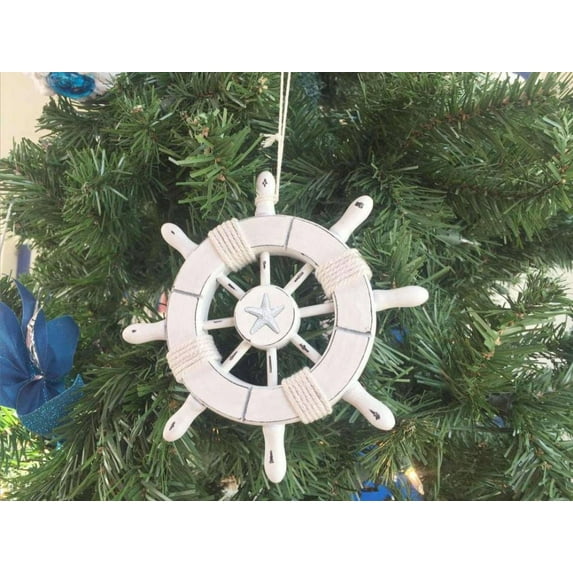 Rustic White Decorative Ship Wheel With Starfish Christmas Tree Ornament 6" - Christmas Tree Decoration - Nautical Decorating