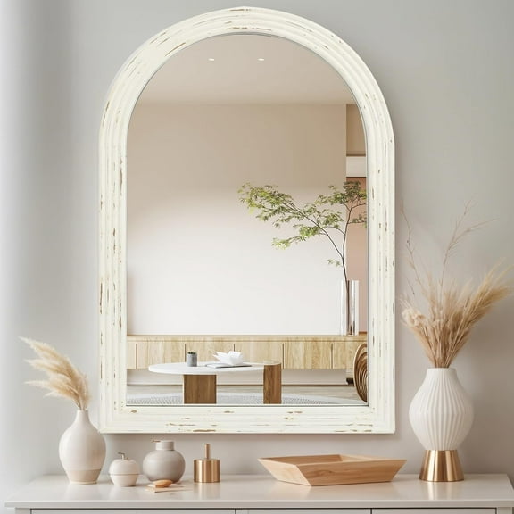 Rustic White Distressed Arched Wall Mirror, Farmhouse Wood Framed Decorative Large Mirror for Living Room, Bathroom, Entryway, Hallway(24" x 36")