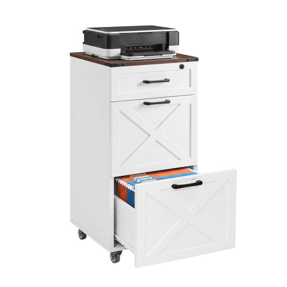 Rustic White Farmhouse 3-Drawer File Cabinet with Wheels Vertical Rolling Storage for Letter/A4, Printer Stand & Mobile Organizer for Home Office