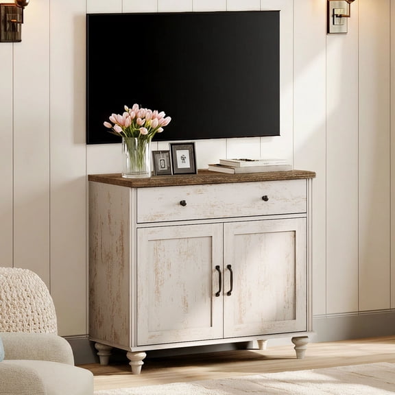 Rustic White Farmhouse TV Stand for 43 inch TV with Drawer & Doors