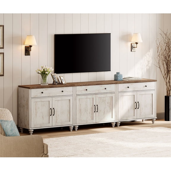 Rustic White Farmhouse TV Stand for 85 inch TV with Drawers & Doors