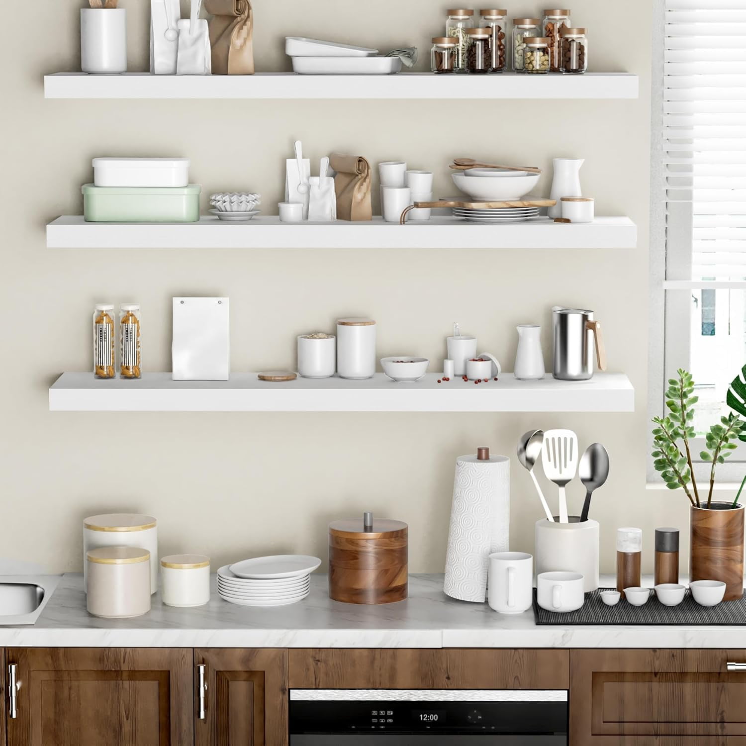 Rustic White Floating Shelves 48 Inch Wall Mounted Storage Shelf with Invisible Bracket for Home Decor