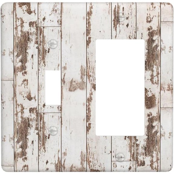 Rustic White Gray Wood Light Switch Cover, 2 Gang 1 Toggle 1 Rocker Combo Wall Plate for Bedroom