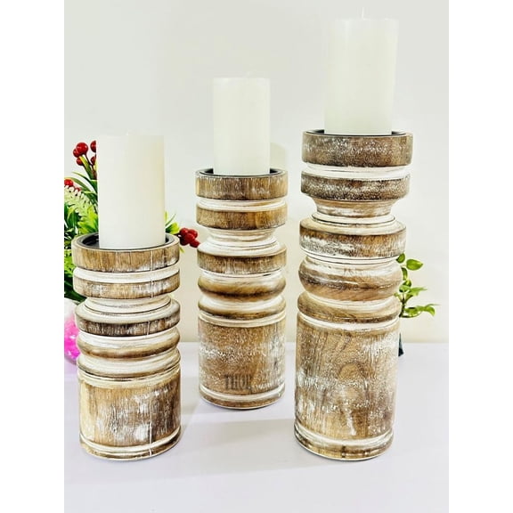 Rustic White Hand Carved Wooden Pillar Candle Holders - Set of 3 | Decorative Style Farmhouse Home Living Room Decoration Wooden Candle Holders