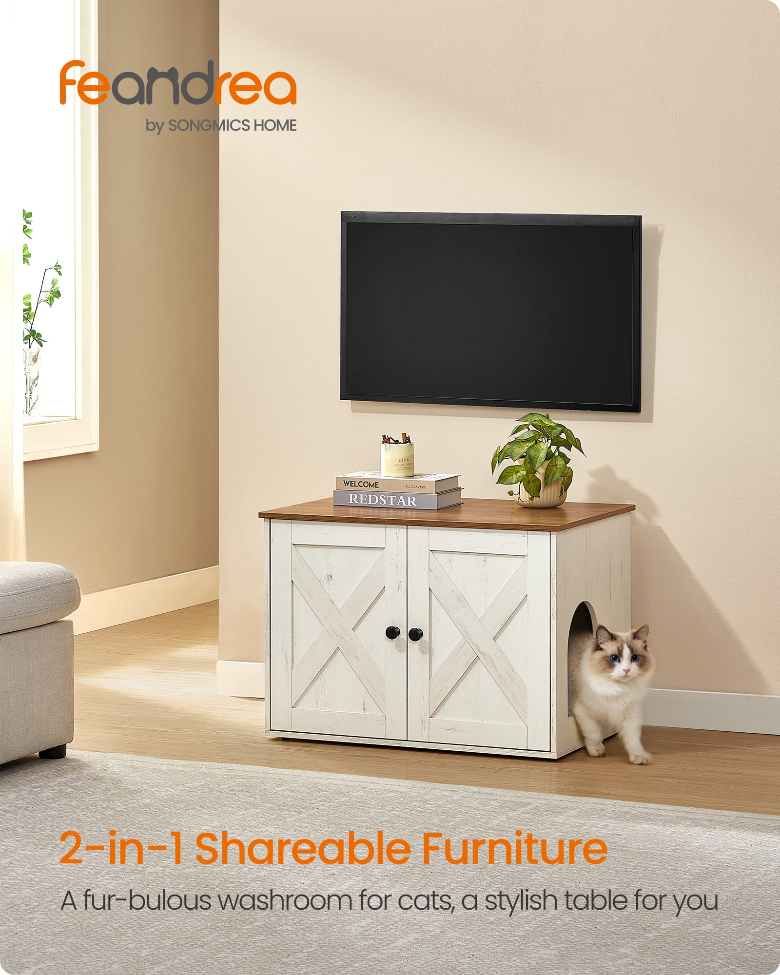 Feandrea Cat Litter Box Enclosure, Litter Box Furniture Hidden, Indoor Cat House, End Table, 27.6 x 19.7 x 19.7 Inches, Rustic White and Honey Brown