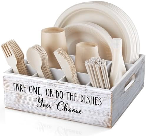 Rustic White Plate and Utensil Caddy, 6-Compartment Paper Plate and Cutlery Holder with Handles, Kitchen and Party Organizer for BBQs, Picnics, and Gatherings