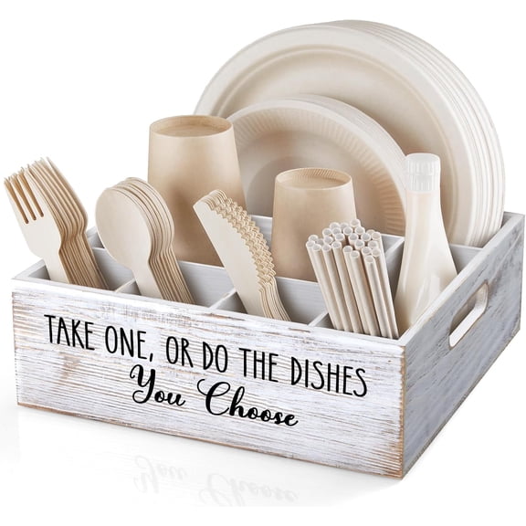 Rustic White Plate and Utensil Caddy, 6-Compartment Paper Plate and Cutlery Holder with Handles, Kitchen and Party Organizer for BBQs, Picnics, and Gatherings