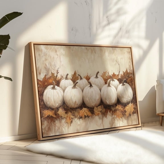Rustic White Pumpkin Fall - Farmhouse Autumn Wall Art With Leaves - Seasonal Harvest Decor For Home Or Office Wall Art, Modern Wall Decor, 24x36 UNFRAMED