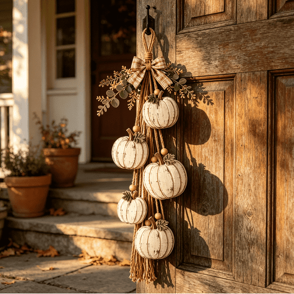 Rustic White Pumpkin Hanging Swag,5-Pumpkin Fall Wall & Door Decor, Distressed Wooden Pumpkins with Plaid Bow and Optional Warm LED Lights for Farmhouse Fall Door Decor (Classic),A1 Classic