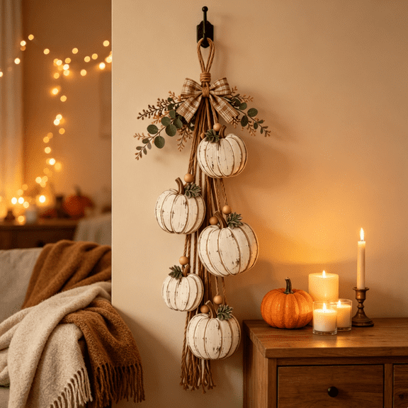 Rustic White Pumpkin Hanging Swag, Warm Led Lights Farmhouse Porch Harvest Garland, Distressed Wooden Pumpkin Wreath with Plaid Bow for Thanksgiving Indoor Outdoor
