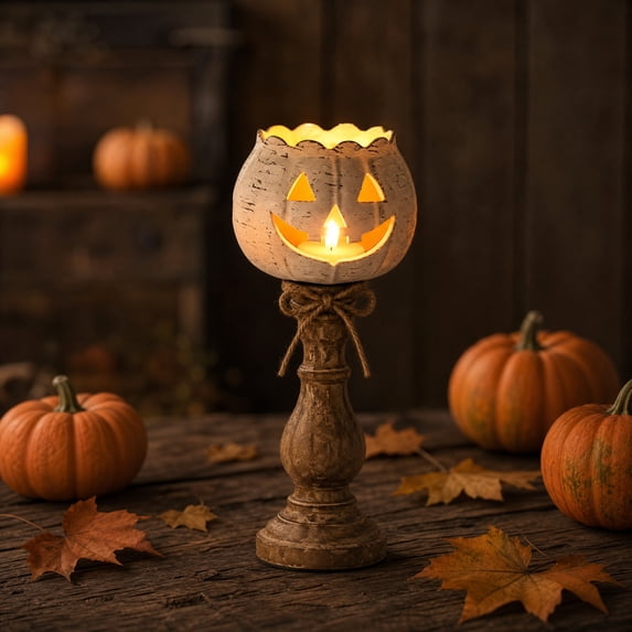 Rustic White Pumpkin Tealight Candle Holder Decor, Halloween Pumpkin Tea Light Candle Holders Decor, Fall Tables Centerpieces for Thanksgiving & Halloween Party