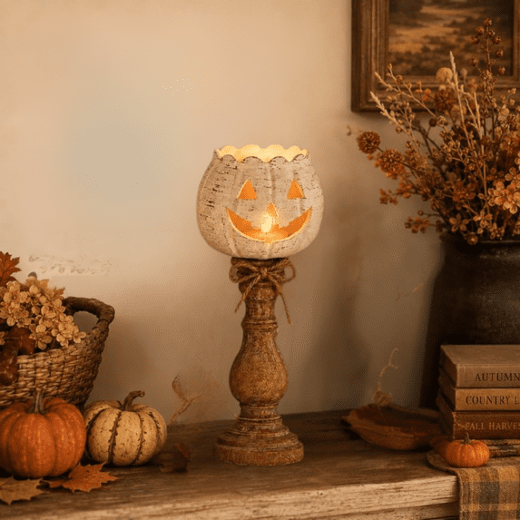 Rustic White Pumpkin Tealight Candle Holder, Farmhouse Decor, Fall Tables Centerpieces for Thanksgiving & Halloween Party