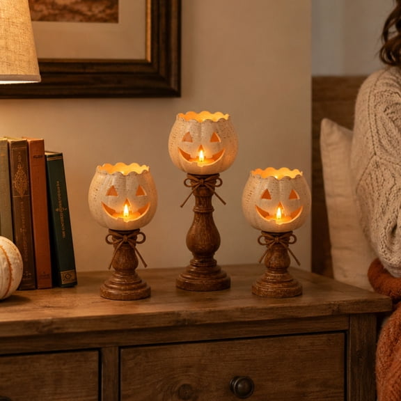 Rustic White Pumpkin Tealight Candle Holder Set of 3, Solid Pedestal Base Pumpkin Candle Holders, Stable Table Ornament For Buffet Counters And Entryway Hall Tables