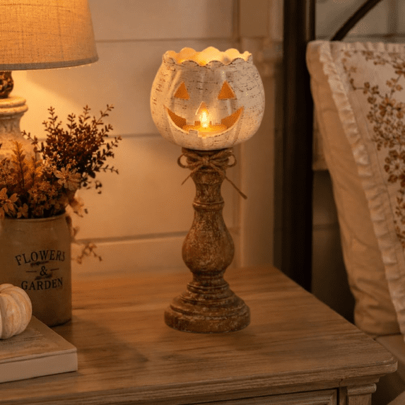 Rustic White Pumpkin Tealight Candle Holder Set, Farmhouse Halloween Pumpkin Tea Light Candle Holders Decor, Fall Tables Centerpieces for Thanksgiving & Halloween Party