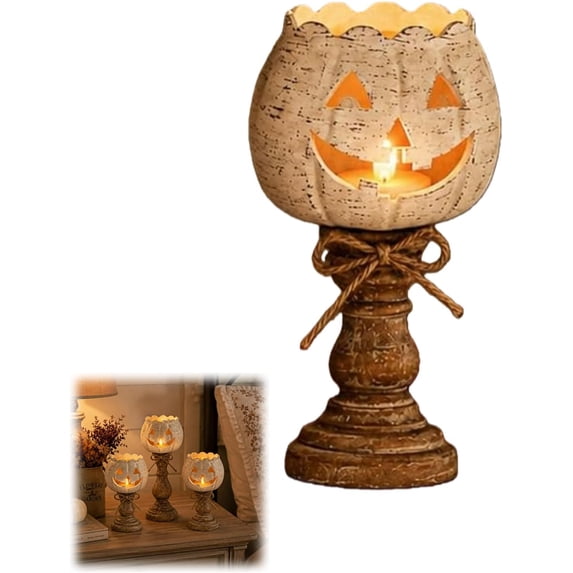 Rustic White Pumpkin Tealight Candle Holder Set, Farmhouse Jack O Lantern Tealight Candle Holders Decor with Wood Pedestal & Jute Bow, Fall Tables Centerpieces