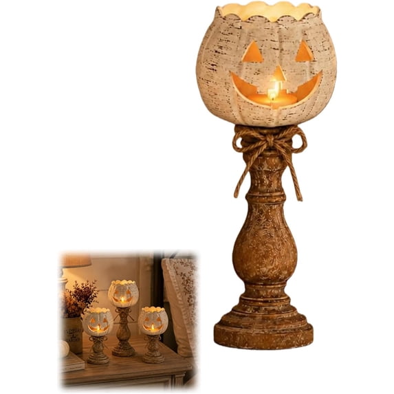 Rustic White Pumpkin Tealight Candle Holder Set, Farmhouse Jack O Lantern Tealight Candle Holders Decor with Wood Pedestal & Jute Bow, Fall Tables Centerpieces